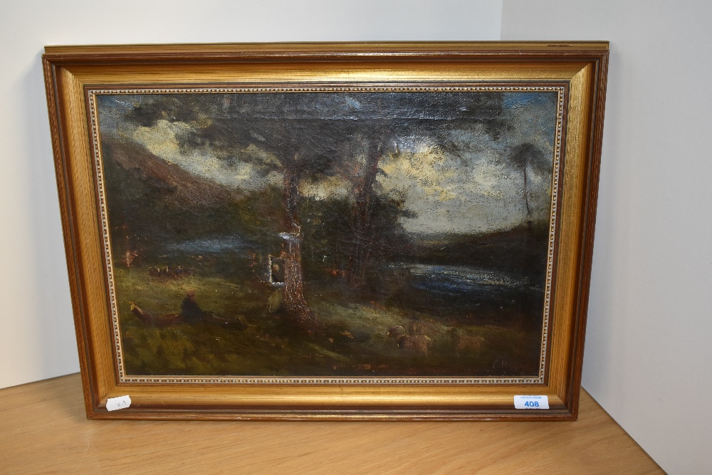 19th Century School, oil on canvas, A countryside landscape with goats beside river, in the Impress - Image 2 of 4