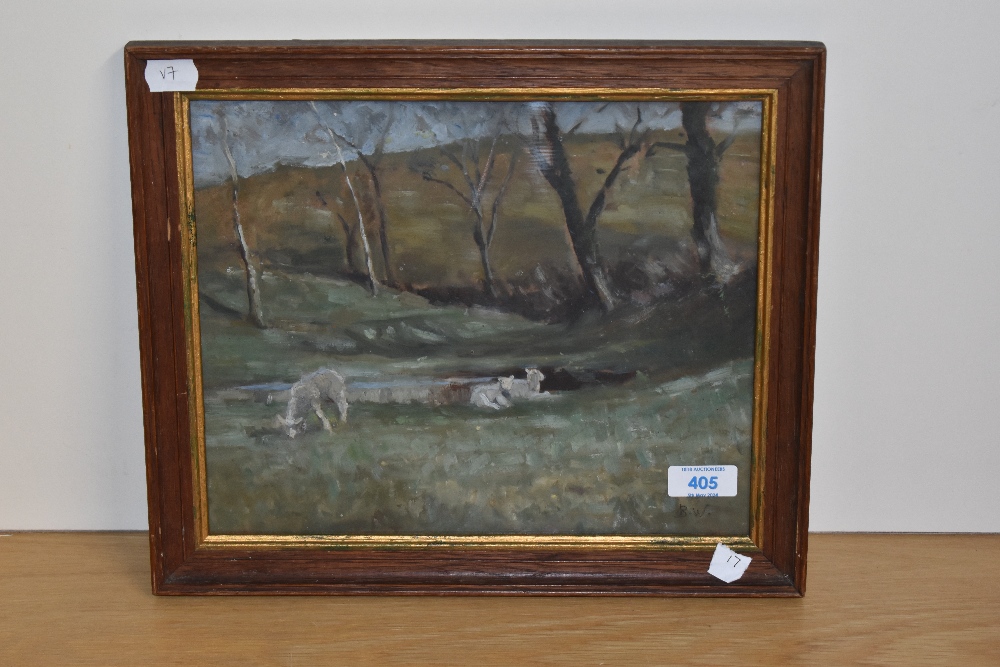 Beatrice Willink (1856-1924, British), oil on board, Lambs grazing in a countryside setting, - Image 2 of 4