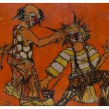 Jan Huntley (20th Century), batik print, 'Incarnadine', a striking portrayal of two clowns, framed