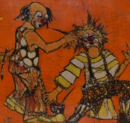 Jan Huntley (20th Century), batik print, 'Incarnadine', a striking portrayal of two clowns, framed