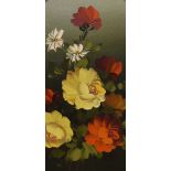 20th Century School, oil on canvas, An oval still life arrangement of flowers, signed to the lower