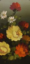 20th Century School, oil on canvas, An oval still life arrangement of flowers, signed to the lower