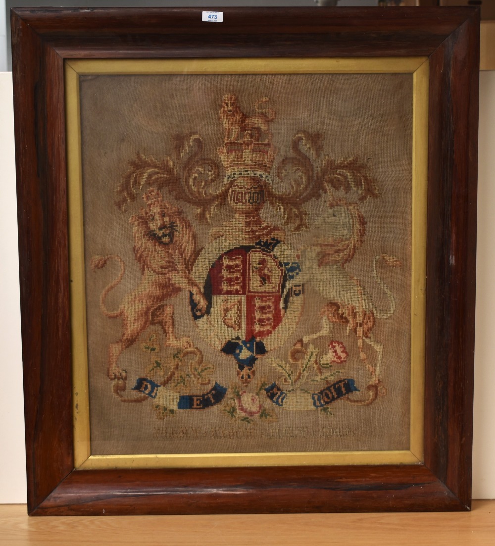 19th Century, a Georgian needlework sampler, The Coat of Arms for George III, framed, having gilt - Image 2 of 2