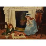 After Charles Haigh-Wood (1856-1927, British), oil on board, 'Nursing a Treasured Pet', a naive