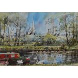 20th Century School, coloured print, Oxford canal with rowers, framed, mounted, and under glass,