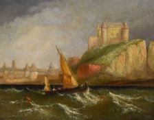19th Century School, oil on canvas, A maritime landscape with turreted castle beyond, signed faintly