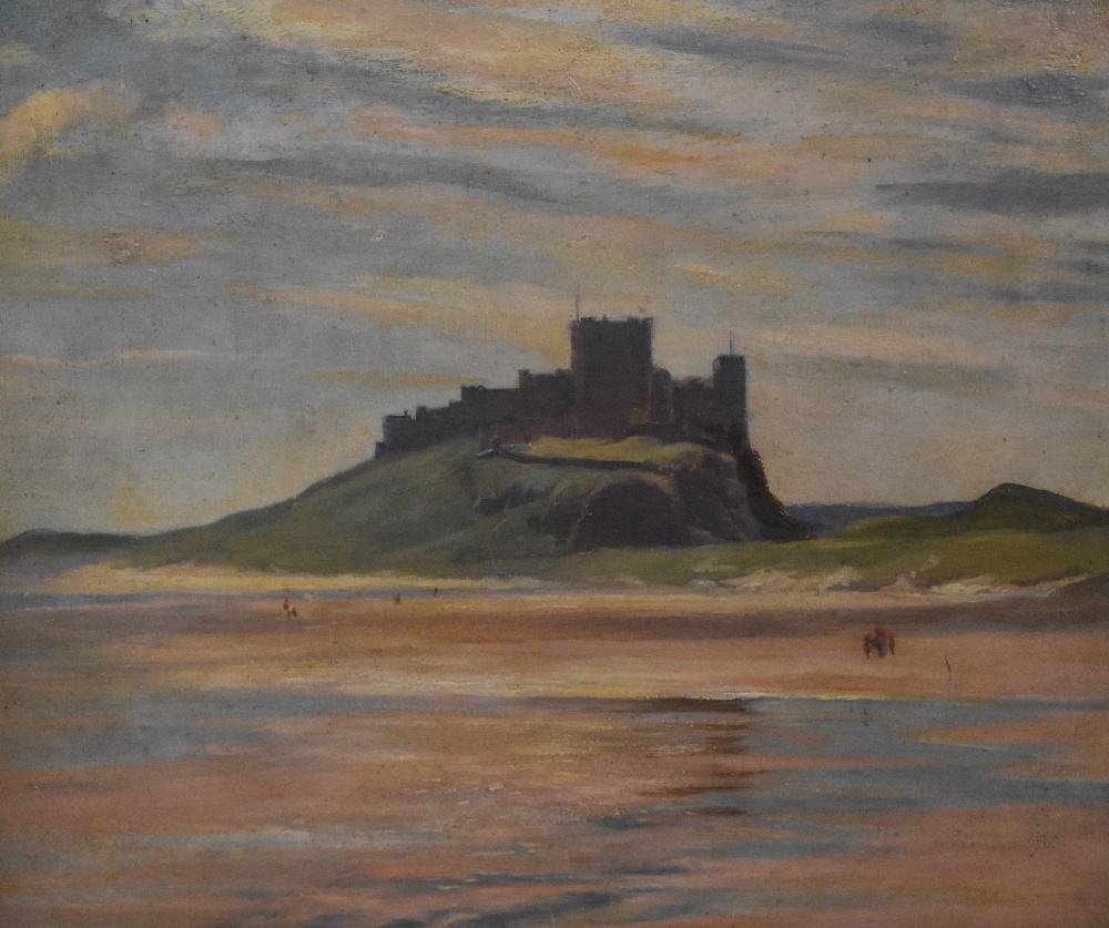 William Hartley Waddington (1883-1961, British), oil on panel, Bamburgh Castle, Northumberland,