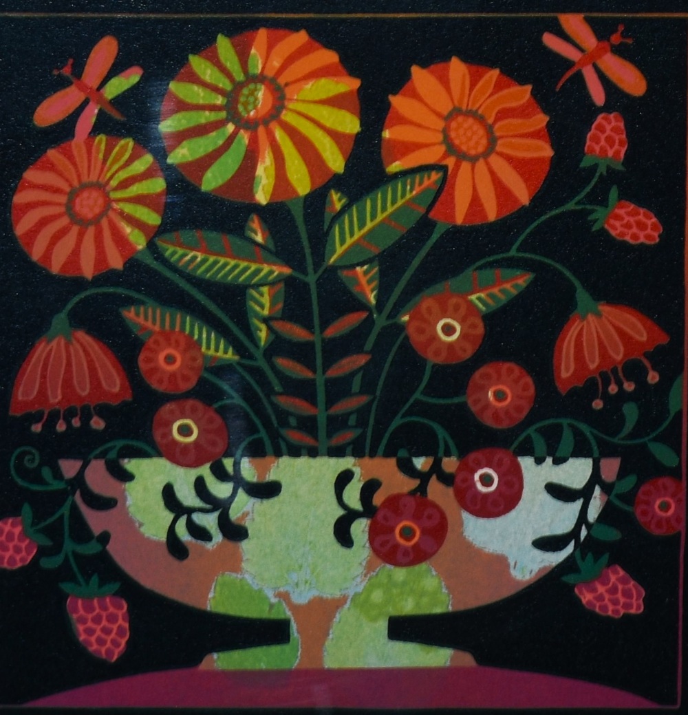 Linda Farquharson (20th Century, British), linocut, 'Autumn Posy', initials to the lower right,