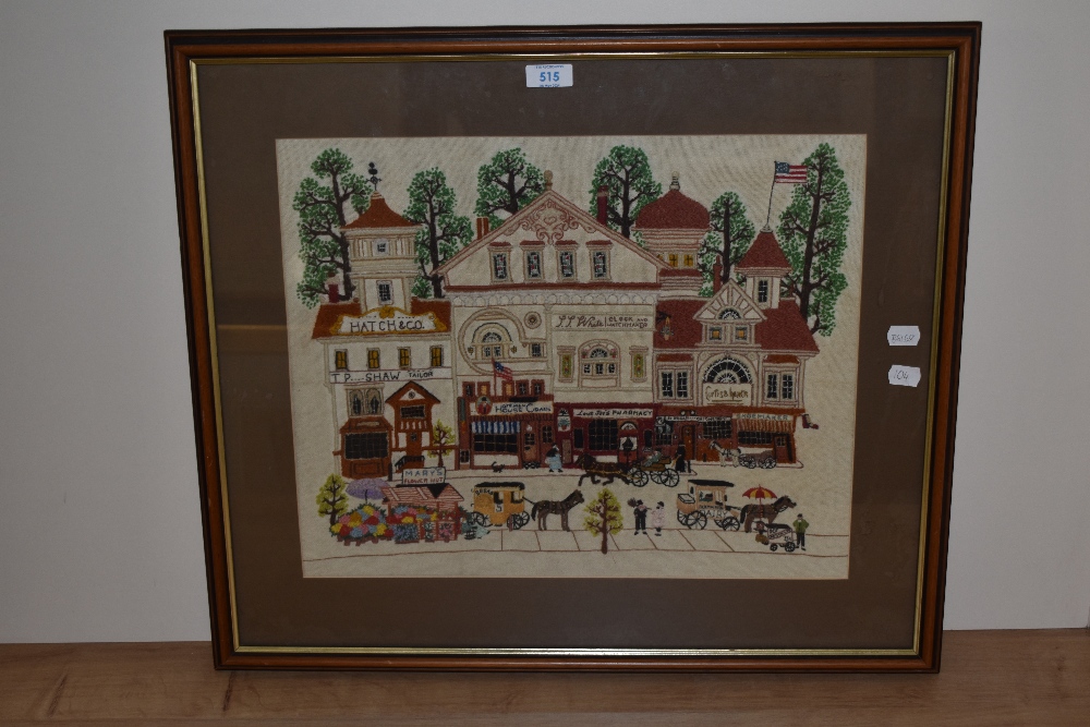 20th Century, needlework embroidery, A busy street scene with vendor carts to the foreground, - Image 2 of 3