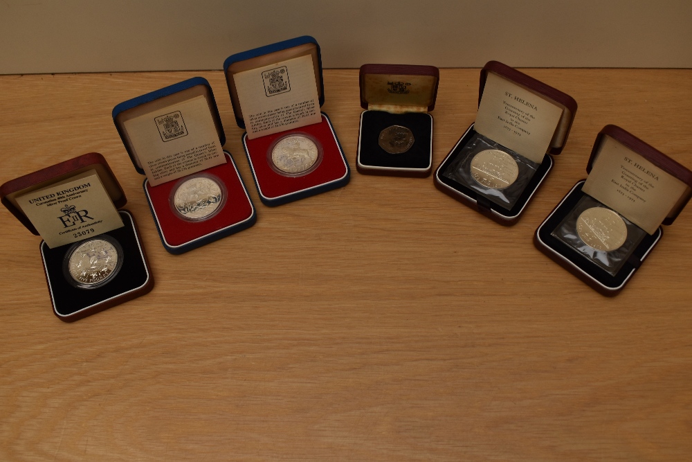 Five Silver Proof Crowns in cases with certificates, GB Silver Jubilee 1977 x2, St Helena - Image 2 of 2