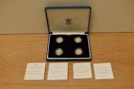 A Royal Mint Silver Proof Piedfort One Pound Four Coin Set, 2004 Fourth Rail, 2005 Menai Straights