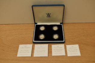 A Royal Mint Silver Proof Piedfort One Pound Four Coin Set, 2004 Fourth Rail, 2005 Menai Straights