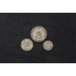 Three South Africa Silver Coins, 1892 Five Shillings single shaft on wagon, 1897 Two Shillings and