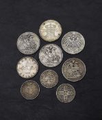 A small collection of GB & World Silver Coins, Queen Victorian Crowns x3 1889, 1892 & 1897, Gothic