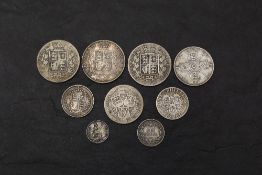 A collection of Nine Queen Victoria Coins, Half Crowns 1880 x2, 1881, Florins 1887 & 1900, Shillings