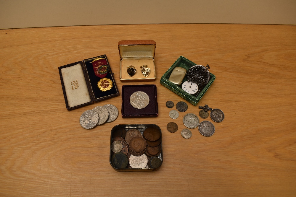 A collection of GB & World Coins including a small amount of Silver along with Buffalo Medal, pair