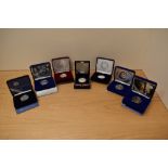 Seven Royal Mint Silver Coins, 1997 Dianna Memorial Silver Proof Five Pound, 2013 Christening of