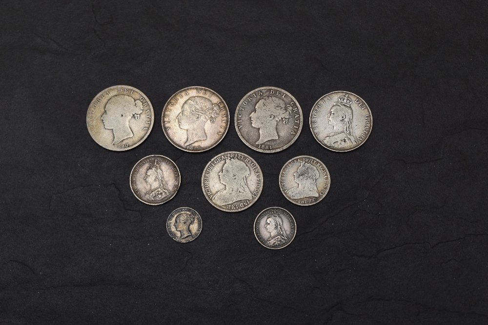 A collection of Nine Queen Victoria Coins, Half Crowns 1880 x2, 1881, Florins 1887 & 1900, Shillings - Image 2 of 2