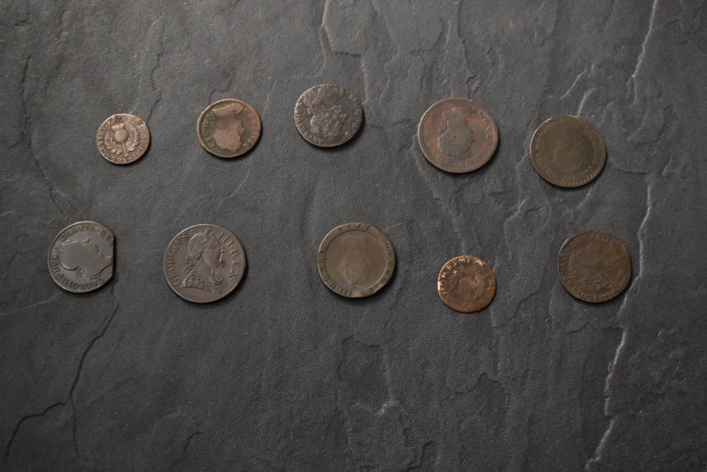 Ten early GB Copper Coins, Charles II Scottish Two Pence CR Crown, 1677 Charles II Scottish Coin, - Image 2 of 2