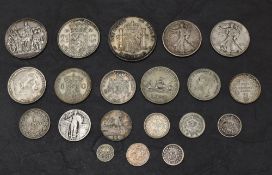 A collection of 16 World Silver Coins including USA, South Africa, France, Germany & Spain