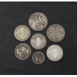 Seven GB Silver Coins, Queen Victoria 1892 Crown, 1890 Double Florin, 1825, 1920, 1922 & 1923 Silver