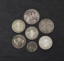 Seven GB Silver Coins, Queen Victoria 1892 Crown, 1890 Double Florin, 1825, 1920, 1922 & 1923 Silver