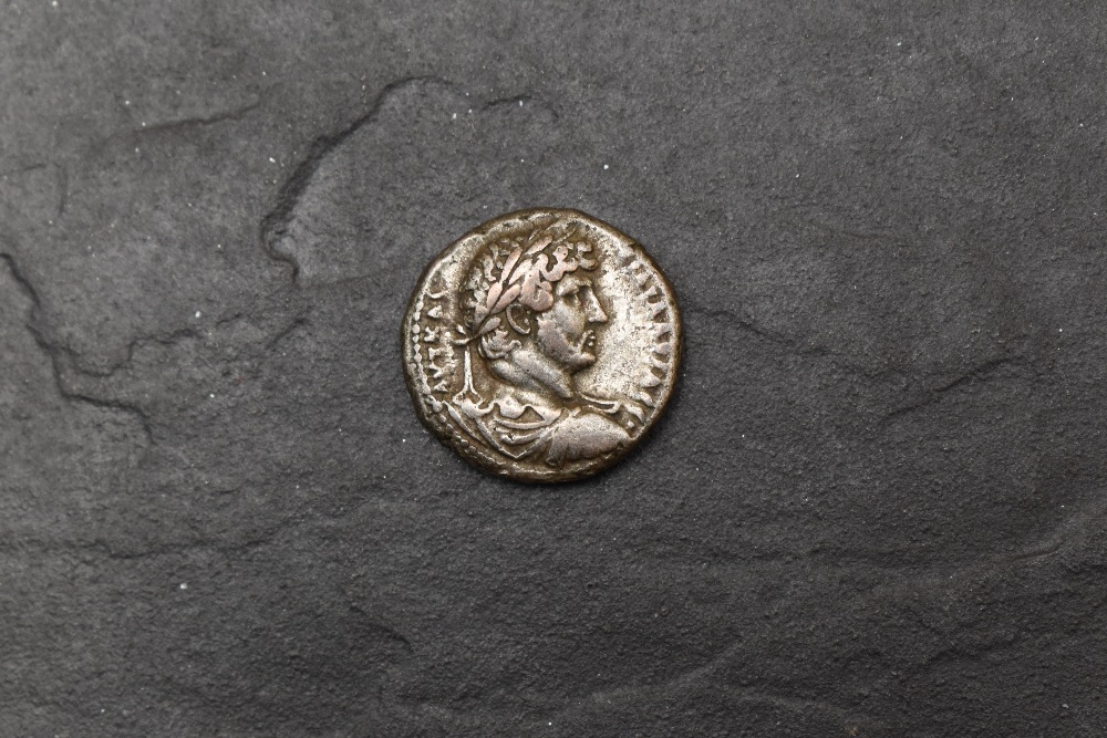 A Roman Silver Coin possibly Hadrian, head & shoulder portrait on obverse, two figures on reverse, - Image 2 of 2