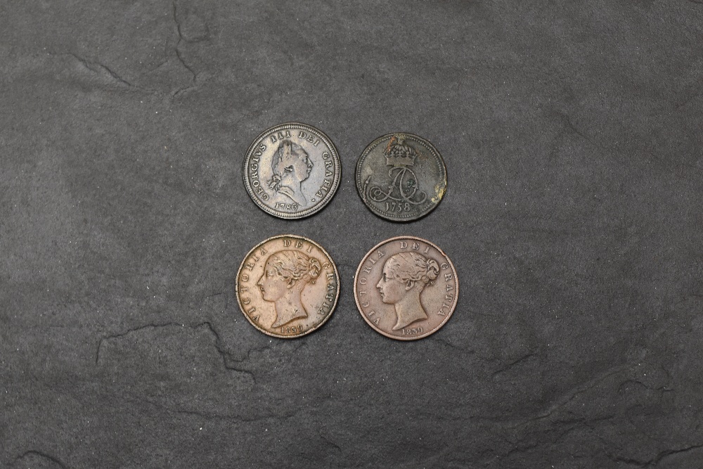 Four Isle of Man Copper Half Pences, 1758, 1786, Queen Victoria 1839 x2 both with Young Heads