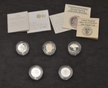 Five GB Silver Proof Piedfort One Pound Coins all with certificates, 1983, 1985, 1995, 2000 and