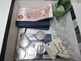 A collection of GB Coins and Banknotes, Churchill Crowns, Pennies, First Decimal Coin Sets x5, Ten