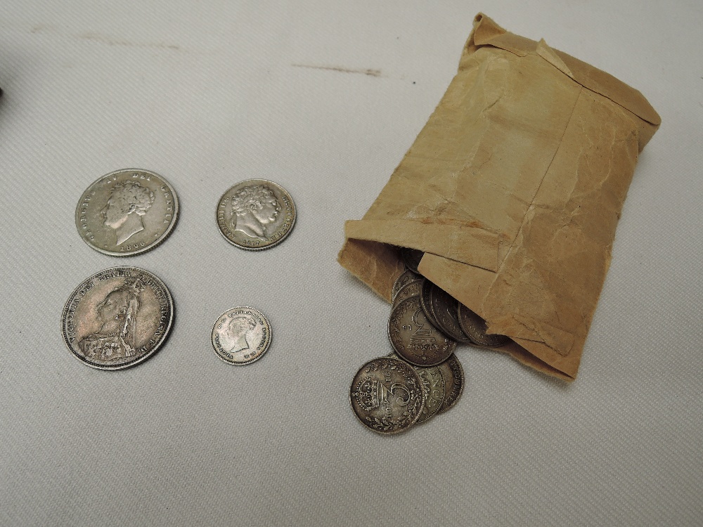 Four GB Silver Coins, Queen Victoria 1838 Two Pence, George III 1817 Shilling, George IV 1826