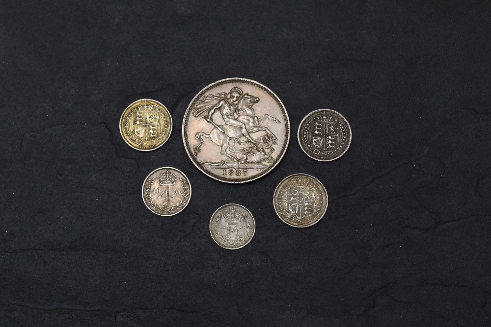 Five Queen Victoria Silver Coins including 1887 Crown, 1887 Sixpence x2, 1891 Groat (four pence)