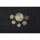 Five Queen Victoria Silver Coins including 1887 Crown, 1887 Sixpence x2, 1891 Groat (four pence)