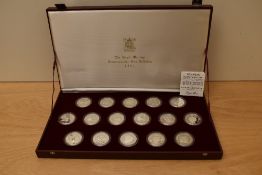 A cased set of 16 Royal Mint Silver Proof Medallions, 1981 Marriage of the Prince of Wales & Lady
