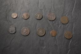 Ten early GB Copper Coins, Charles II Scottish Two Pence CR Crown, 1677 Charles II Scottish Coin,