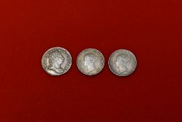 Three Silver Coins, George III 1762 Threepence, Queen Victoria 1848 & 1854 Groats (fourpences)