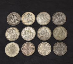 A collection of 8 GB Silver Crowns and 3 Silver Double Florins, Crowns 1889 x4, 1900 & 1935 x3,