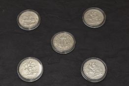 Five GB Silver Crowns, 1891, 1893, 1899, 1935 & 1937, all in plastic capsules