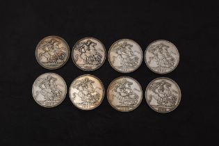 A collection of 8 Queen Victoria Silver Crowns, Jubilee Heads 1887, 1888, 1889, 1891 & 1892, Old