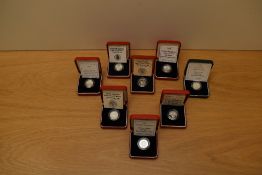 Eight Royal Mint Silver Proof Piedfort One Pound Coins, 1986, 1988, 1989, 1997 x2, 1998, 1999 &
