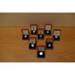 Eight Royal Mint Silver Proof Piedfort One Pound Coins, 1986, 1988, 1989, 1997 x2, 1998, 1999 &