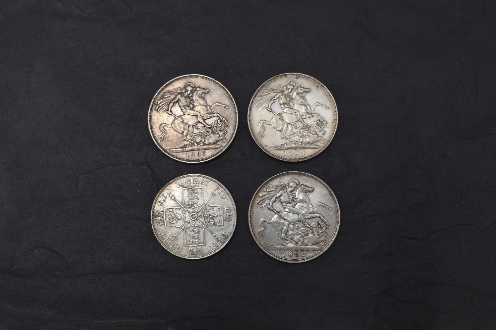 Three Queen Victoria Silver Crowns, 1890, 1891 & 1892 along with a Queen Victoria Silver Double