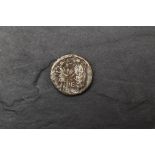 A Roman Silver Coin possibly Hadrian, head & shoulder portrait on obverse, two figures on reverse,