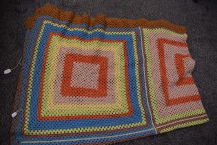 A large bright and cheerful vintage crocheted blanket, AF, some wear.