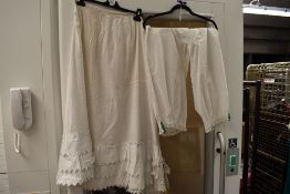 A pair of split leg bloomers with lace to legs and a petticoat with pretty embroidered and scalloped