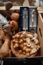 Two boxed serving spoons and a pickle fork by Royal Worcester in the Evesham pattern, five wooden