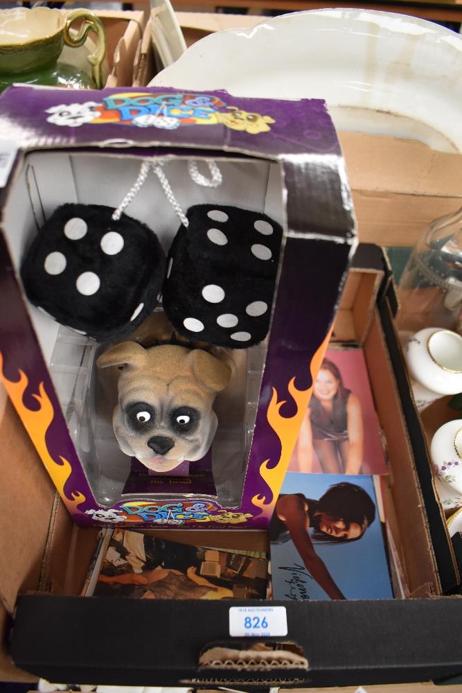 A boxed set of novelty fluffy dice and nodding dog and a selection of Spice Girls postcards.