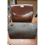 A vintage stone hot water bottle, of sloped form, for carriage or motor car foot well and a metal