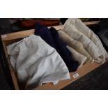 A carton of assorted clothes including mens cotton white trousers, ladies linen painting smocks, a