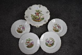 A continental porcelain comport decorated with exotic birds on cream ground, sold together with four